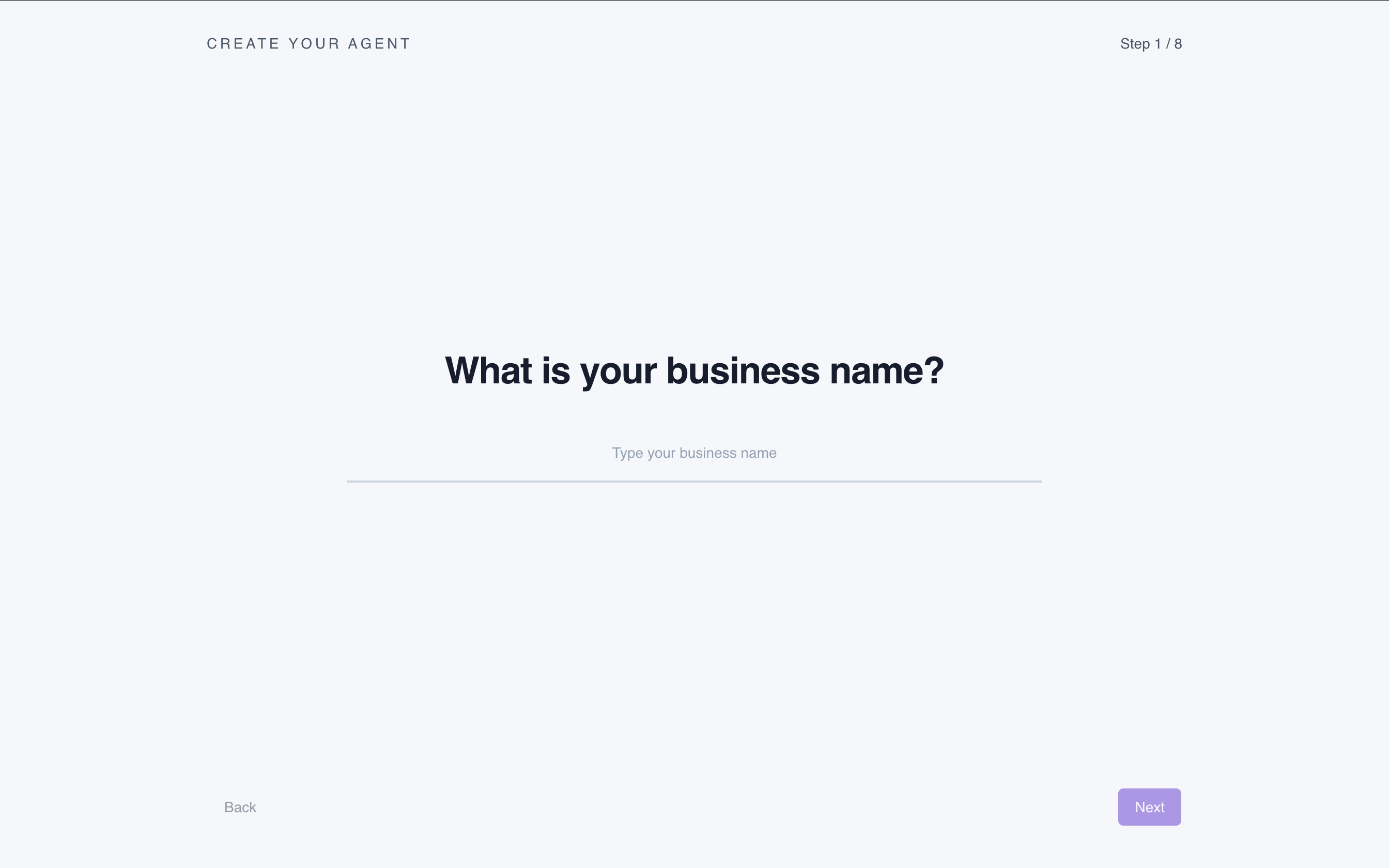 Step 1 - Enter your business name in the create agent wizard