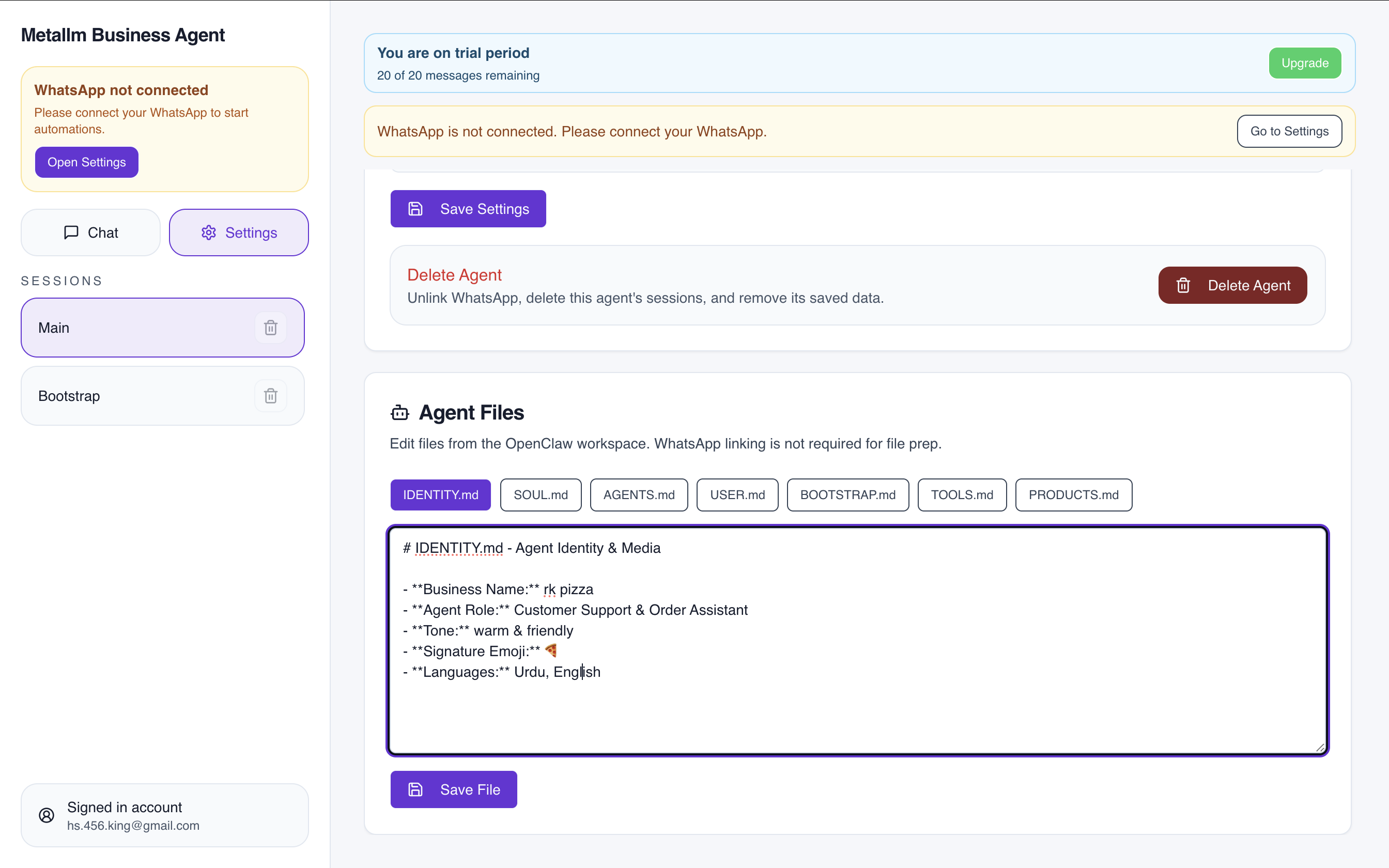 Agent dashboard showing configuration files and settings