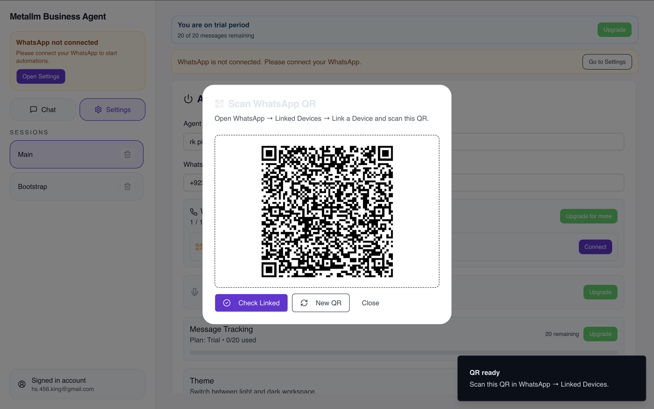 Scan QR code to connect WhatsApp to your AI agent