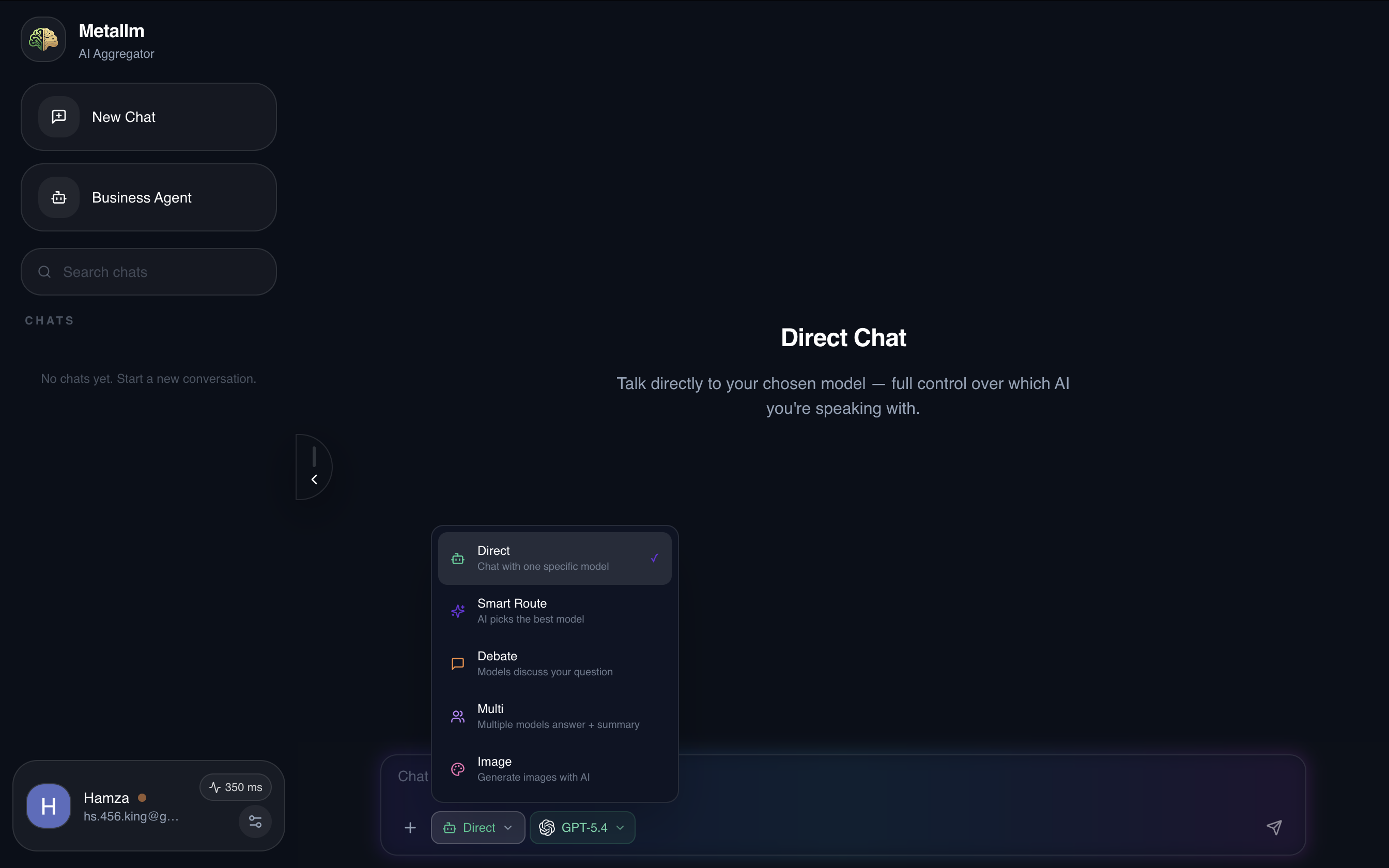 Metallm chat interface showing mode selector with Direct, Smart Route, Debate, Multi, and Image options