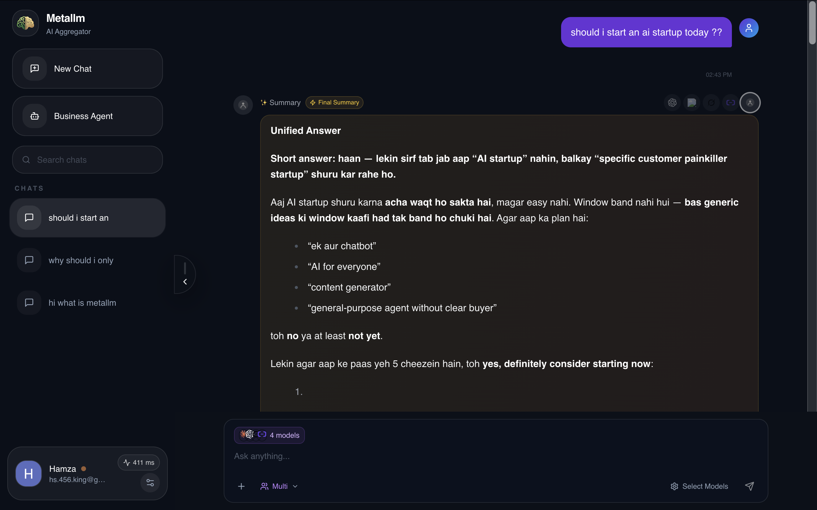 Multi mode unified summary combining responses from 4 AI models into one actionable answer