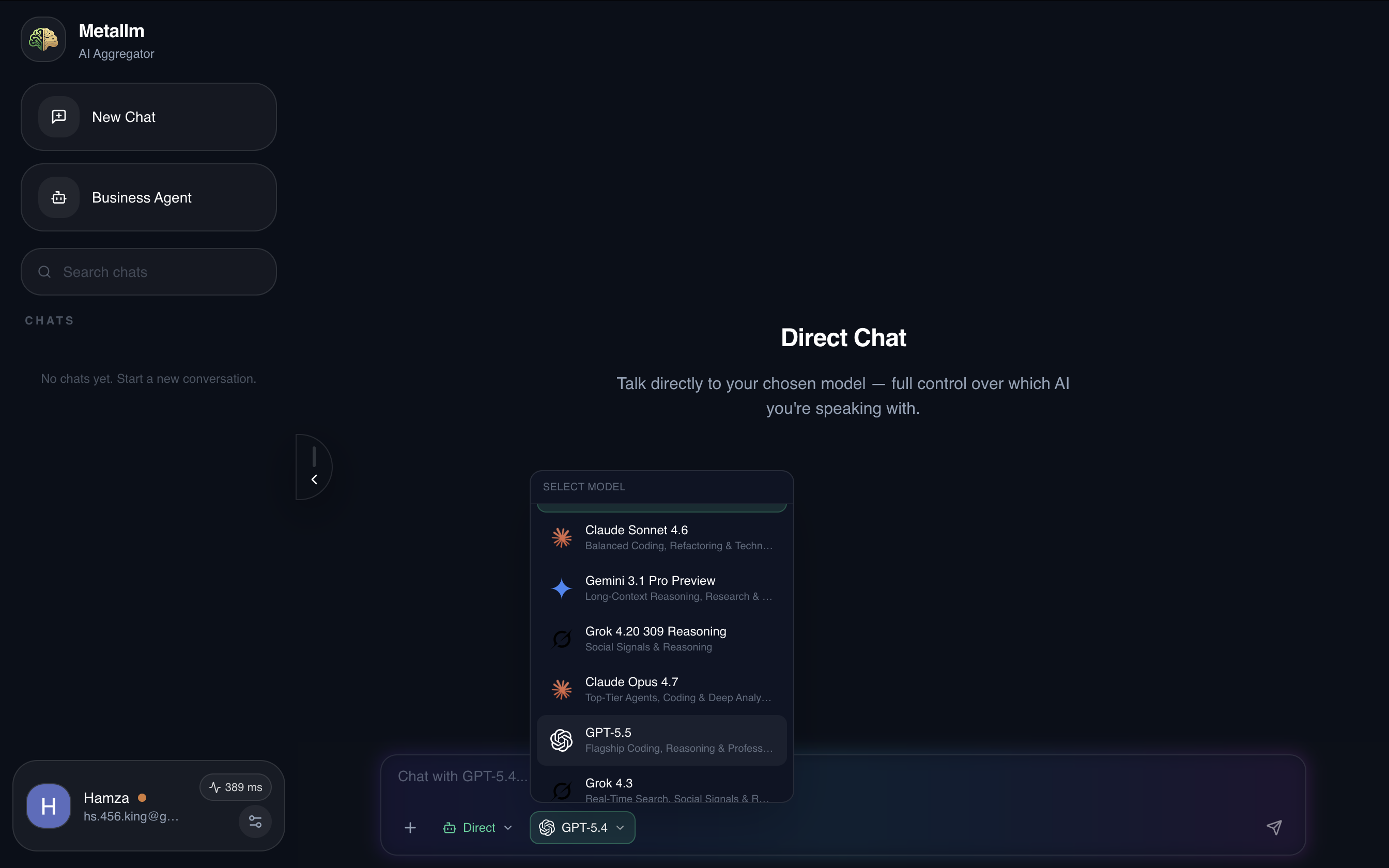Direct mode model selector showing available AI models including Claude, Gemini, Grok, and GPT