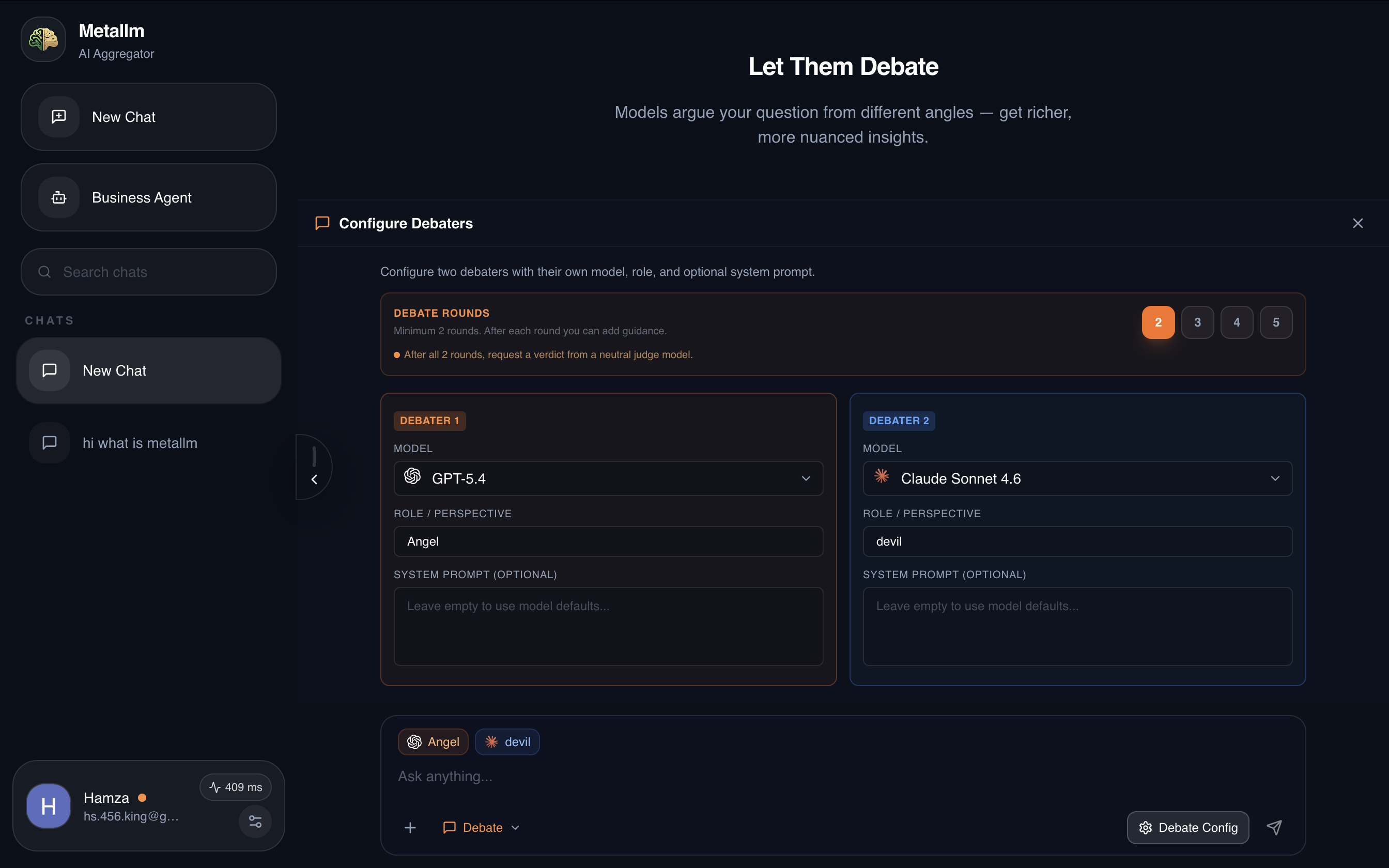 Debate mode configuration panel showing two debaters with model selection, roles, and round settings