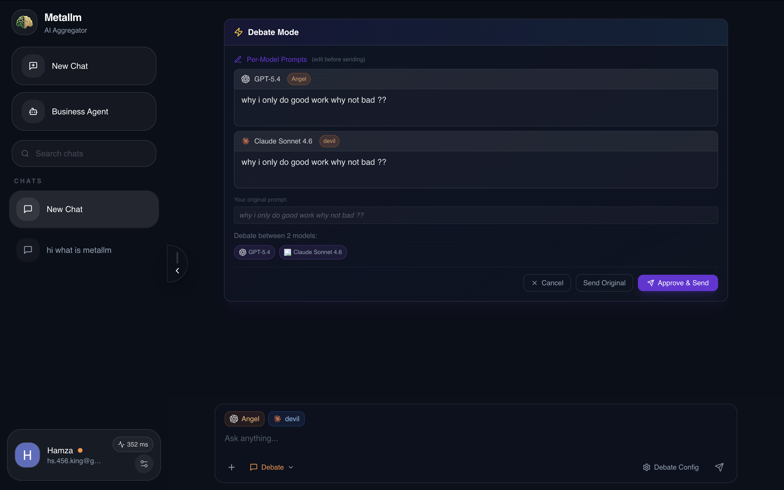 Debate mode preview showing per-model prompts for GPT-5.4 as Angel and Claude Sonnet 4.6 as Devil