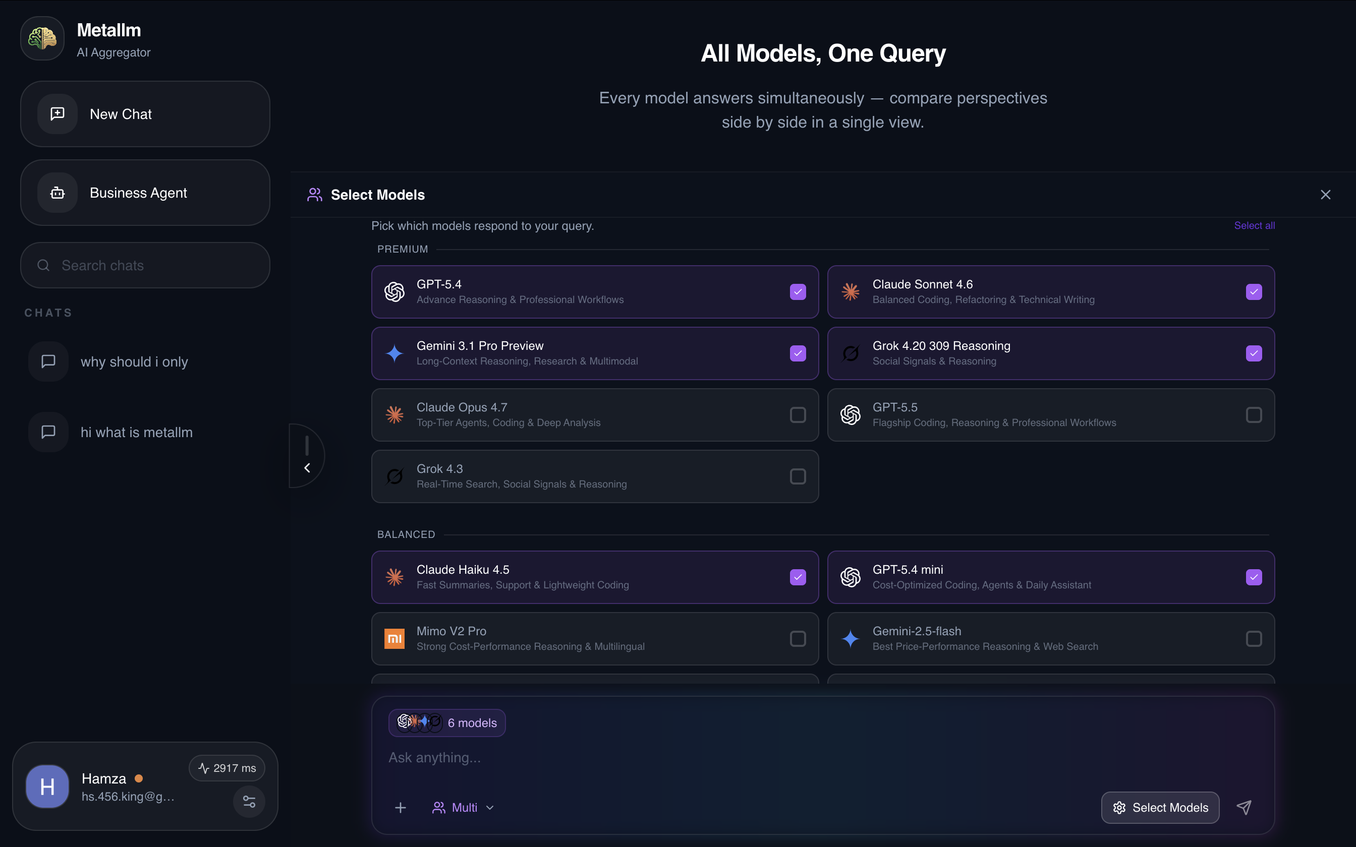 Multi mode model selection panel showing Premium and Balanced tier models with checkboxes