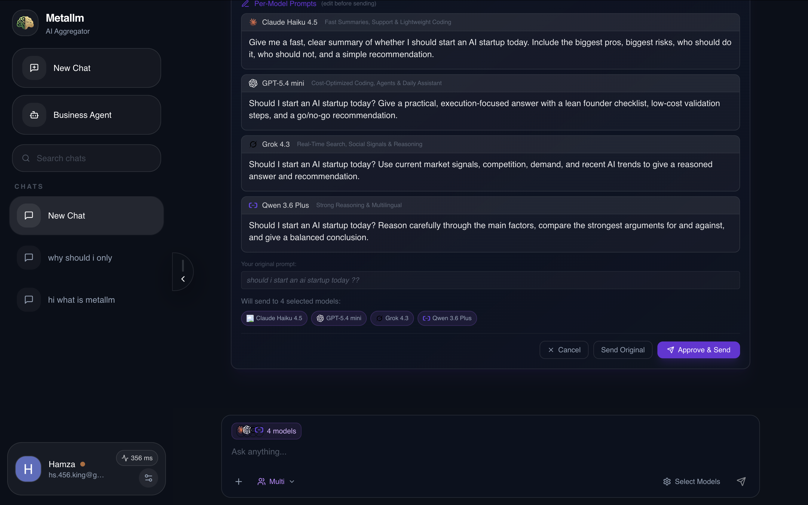 Multi mode per-model prompt enhancement showing customized prompts for each selected AI model